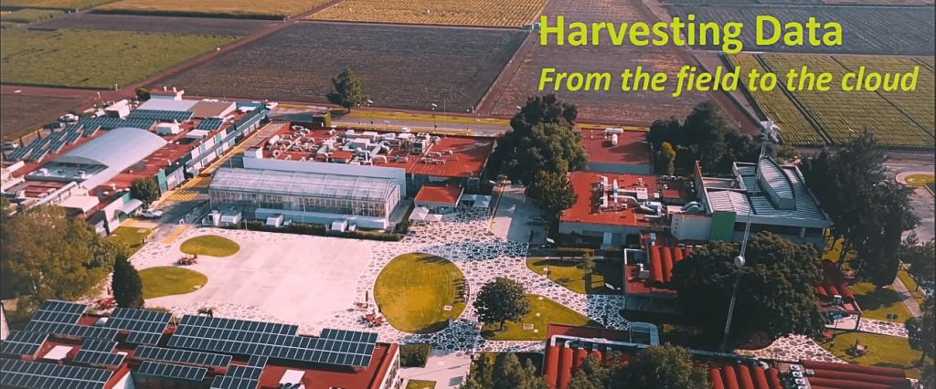 Ariel photo of CIMMYT campus with the tagline “Harvesting Data from the Field to the Cloud.”