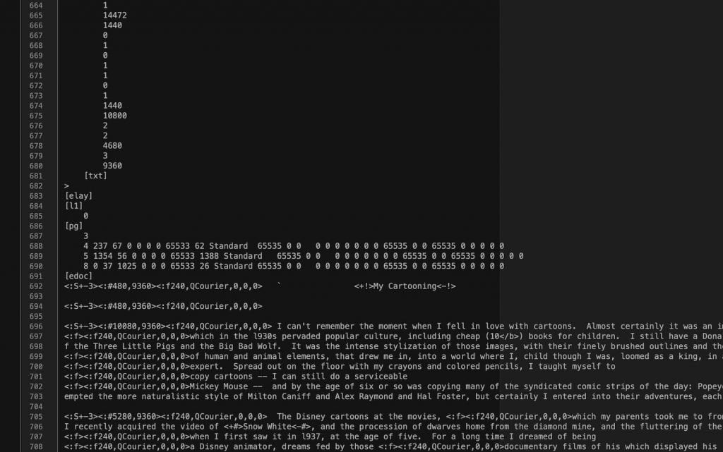 Lines of code in white, on a black background, showing many rows of number strings before the text content.