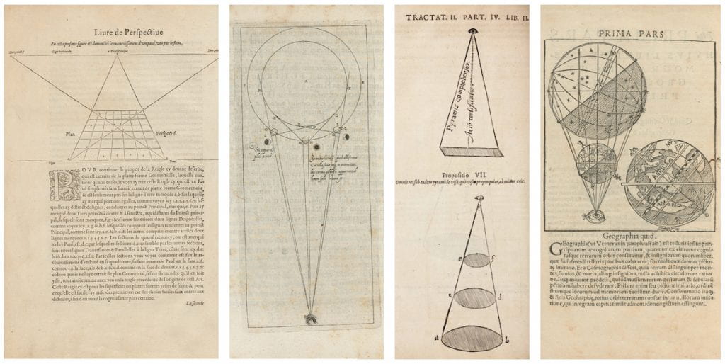 Engraved illustrations from four sources that informed O'Brien's map.