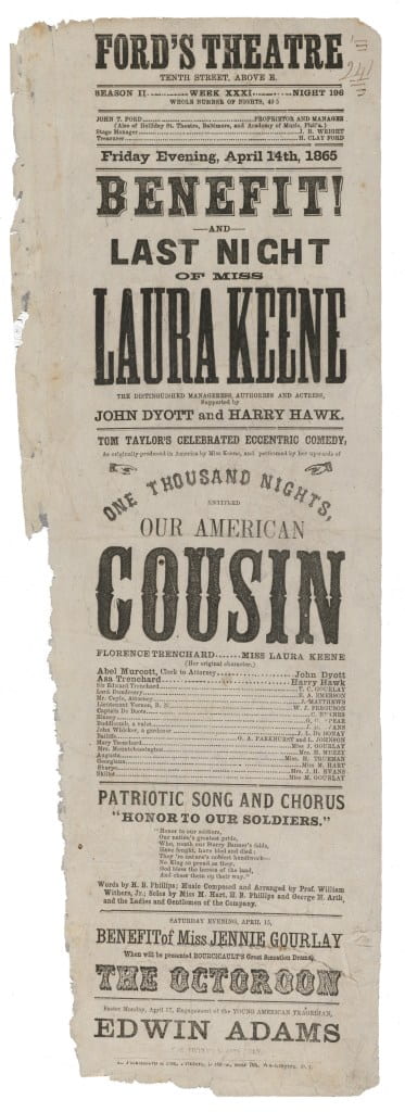 A playbill for Our American Cousin, with the "Patriotic Song and Chorus" added.