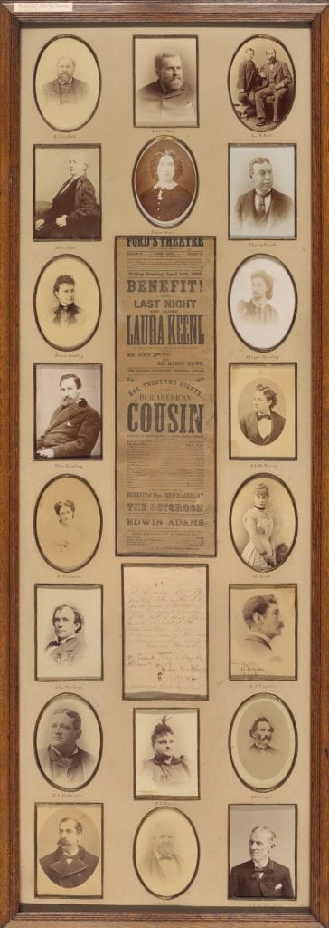 A collage of materials from production of "Our American Cousin," with photo portraits and playbill.