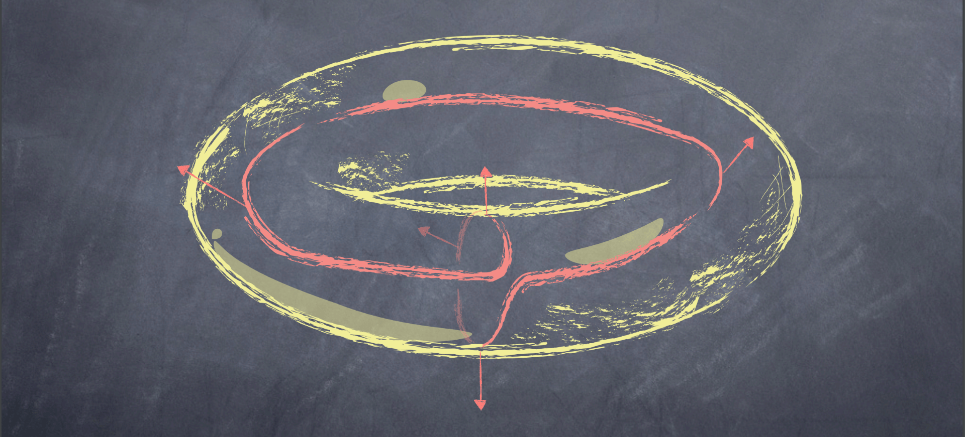 An abstract mathematical symbol in yellow and red chalk on a blackboard.
