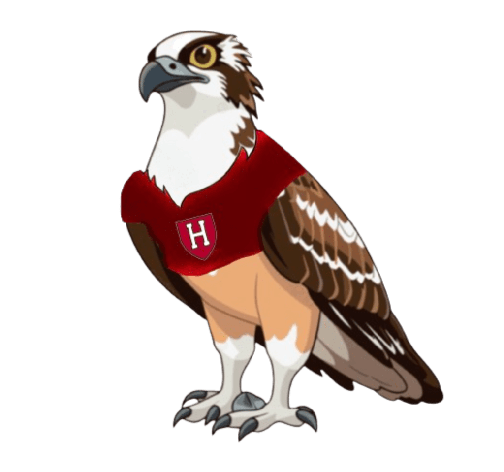 mascot Ozzy Osprey sporting a crimson shirt with the Harvard logo